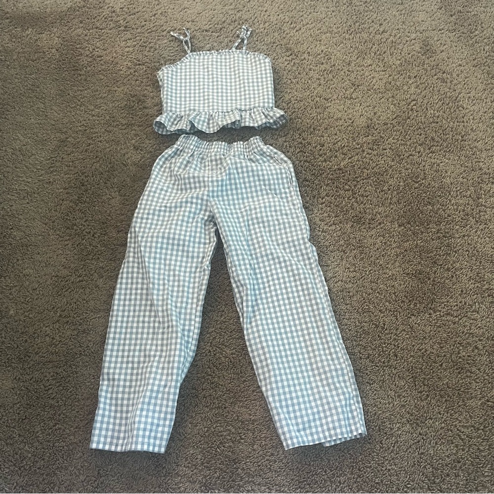 Paisley Lane Blue Gingham Two-Piece Crop Top & Pants Set Size 7